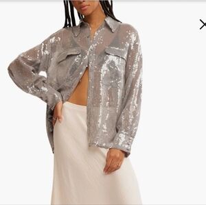 Free People Disco Margarita Sheer Sequin Button-Up Shirt